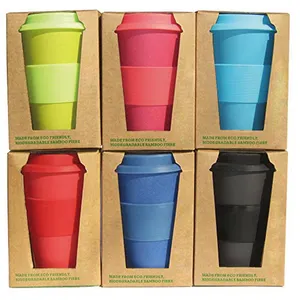 Wholesale custom logo printed 450 ml eco friendly travel mug reusable biodegradable bamboo fiber coffee cup with lids