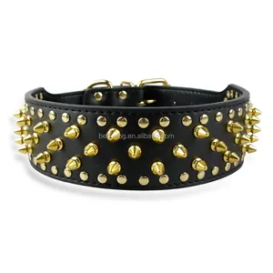 Beirui Luxury Heavy Duty Leather Pet Dog Collar Metal Rivet Decoration Gold Spikes Personalized Leather Collars Wholesale