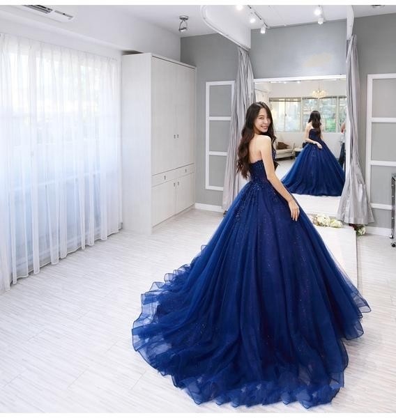 Korean Style Long Plus Size Blue Girls Evening Dress
