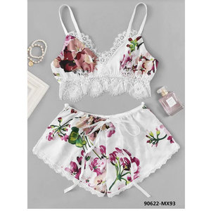 90622-MX93 estivo 2 <span class=keywords><strong>pezzi</strong></span> Set pantaloncini pigiami <span class=keywords><strong>donna</strong></span> rifiniti con lacci - Product Image 3