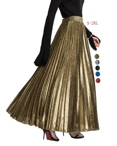 Ecowalson Vrouwen Premium Metallic Shiny Shimmer Accordeon Geplooide Lange Maxi Rok