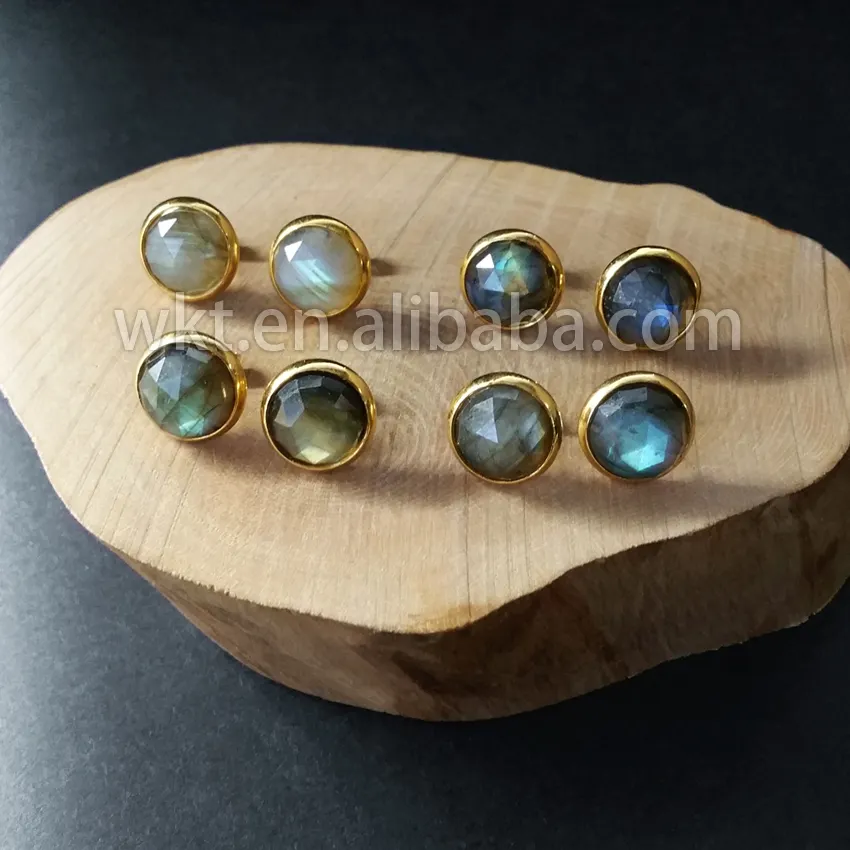 WT-E188 Wholesale Natural round labradorite studs, fashion 18k gold plated bezel stone labradorite studs earrings for women