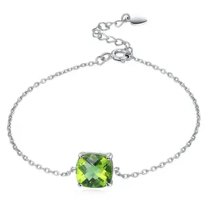 Women Leaf Charm 100%Natural Gemstone 925 Sterling Silver 7mm Square Green Peridot Simple Bracelet S925 For Women HI015