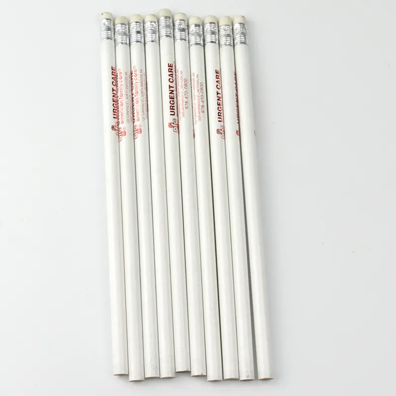 Ambalaj siyah kurşun beyaz ahşap çubuk kalemler Metal beyaz kauçuk yüksük okul kalem özel Logo OEM gevşek ahşap kalemler
