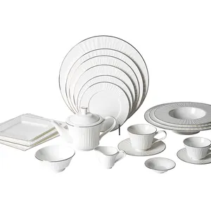 Silver Rim Fine Bone China Dinnerware Sets, Bone China Crockery, Luxury White Dinner Set@