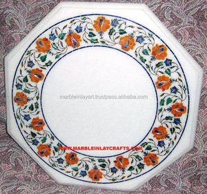 Plateaux de table octogonaux en marbre incrusté, plateau de table en marbre blanc, plateau de table basse - Product Image 1