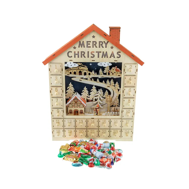 Wooden Christmas House Advent Calendar with LED lights