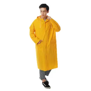 Polyester Fabric PVC Rubber 0.28mm Yellow Army Green Heavy Duty Long Adults Mens Raincoat with Hood zipper custom logo HCY611