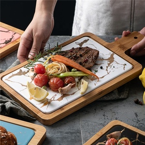 Assiette à Steak rectangulaire <span class=keywords><strong>en</strong></span> céramique <span class=keywords><strong>marbre</strong></span> avec manche <span class=keywords><strong>en</strong></span> bois, ustensiles de table pour Restaurant et hôtel - Product Image 2
