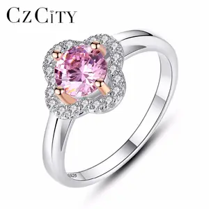 CZCITY de plata 925 al por mayor forma de la flor de la boda anillo con claro y rosa de cristal de circón piedra para mujeres fiesta de compromiso regalo