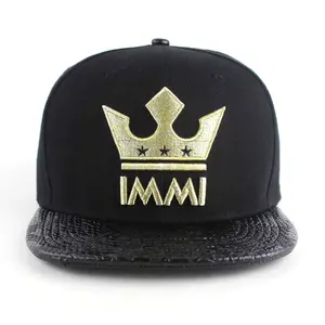 Pu Lederen Rand Goedkope Platte Rand 6 Paneel Verstelbare Luxe Gouden Kleur Snapback Cap