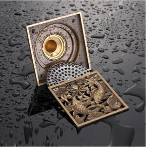 Antique Brass Creative Dual Fish Carved Grate Waste Strainer Square 10cm Bathroom Floor <strong>Drain</strong> <strong>Cover</strong> - Product Image 4
