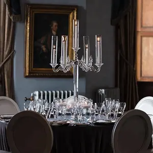 Candelabros de vidro cristal para mesas de casamento com cilindro hurricanes 5 braços