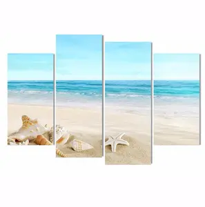 4 Panel Blauwe Zee Strand Shell Olie Schilderij Canvas Giclee Kunstwerk voor Moderne Woonkamer Thuis Wanddecoratie