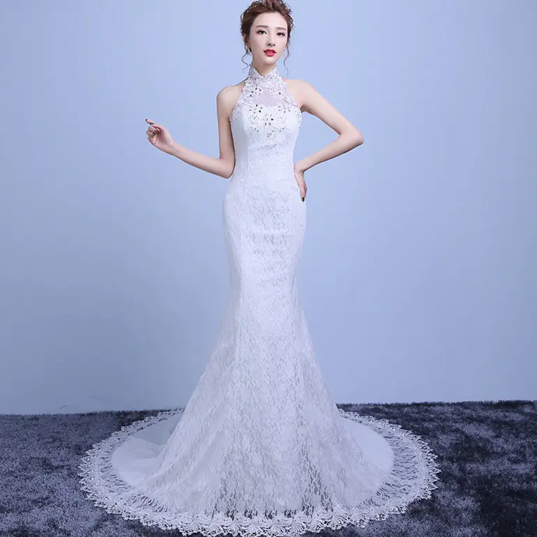 2016 Halter di Modo Del Merletto Che Dimagrisce Coda di Pesce Abito Da Sposa Mermaid Abito Da Sposa