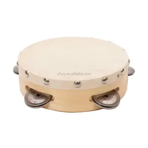 Wood_tambourine Small Percussion Musical 6" Tambourine With Real Skin Drum Head And Wood Trim