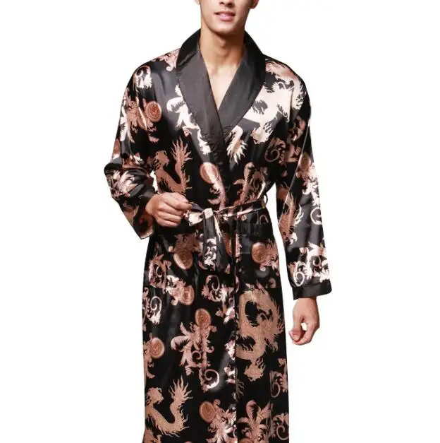 Kimono Mandi Sutra Satin Pria, Jubah Tidur Lengan Panjang untuk Rumah
