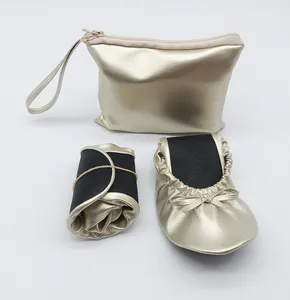 Logo customized design Gold Women Travel Fold Up Ballerina Flat shoes with purse