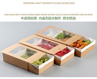 Aangepaste Wegwerp Afhaalmaaltijden Verpakking Kraftpapier Karton Pull-Out Kartonnen Doos Fruit Salade Doos Met Logo Transparant Venster