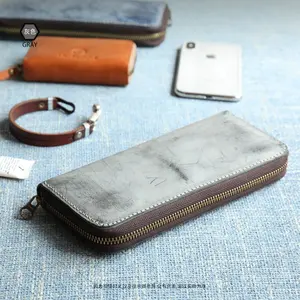 Best Real Men Grey Vegetable Tanned Leather Cowhide Long Clutch Wallet Hand Bag Purse 5102
