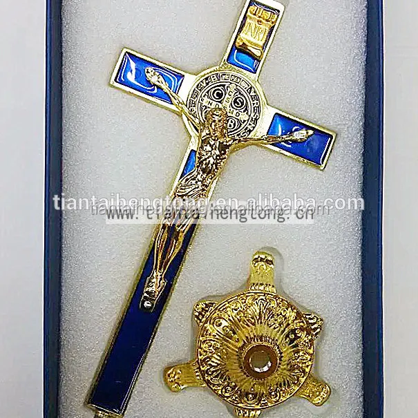 San Benito de 21cm, aleación de metal, esmalte, crucifijo de pie, regalo religioso para decoración con caja