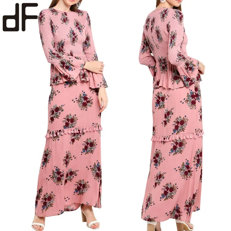 OEM, китайская фабрика, новейшая Исламская мода, женское платье без утюгов с цветочным принтом, комплект макси-юбок, Kebaya Baju Kurung