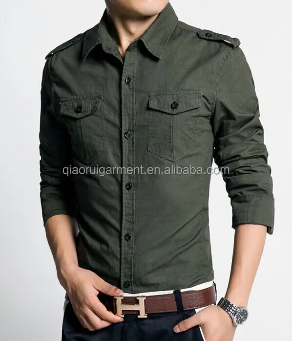 New design Men's High quality Long sleeve Shoulder strap Business work Army green shirts