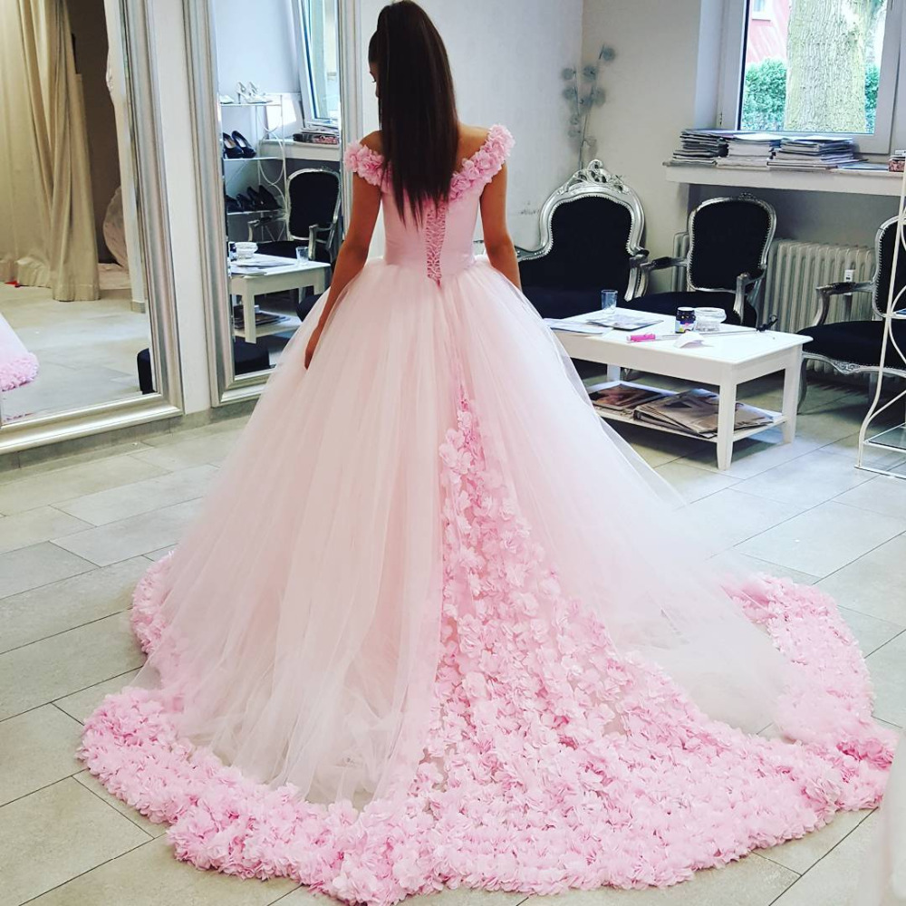 Shop Elegant Pink Wedding Dress Ne318 With Tulle Flowers