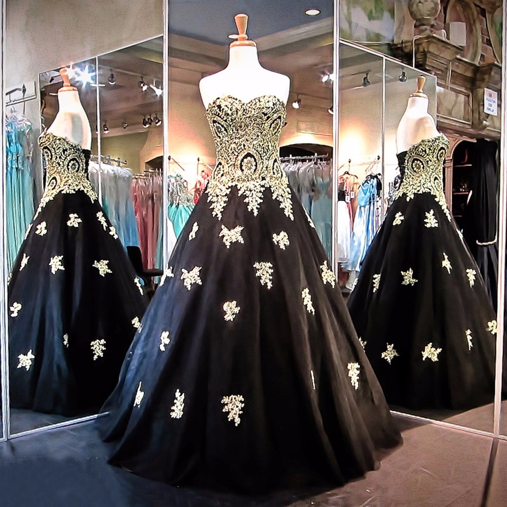NE139 Gothic Princess Black Wedding Gowns Turkey Gold Lace