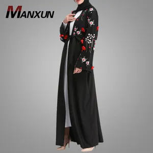 Cinturón musulmán de moda Kimono Abaya manga larga estilo Dubai bordado negro Abaya abierto vestido tradicional de Indonesia