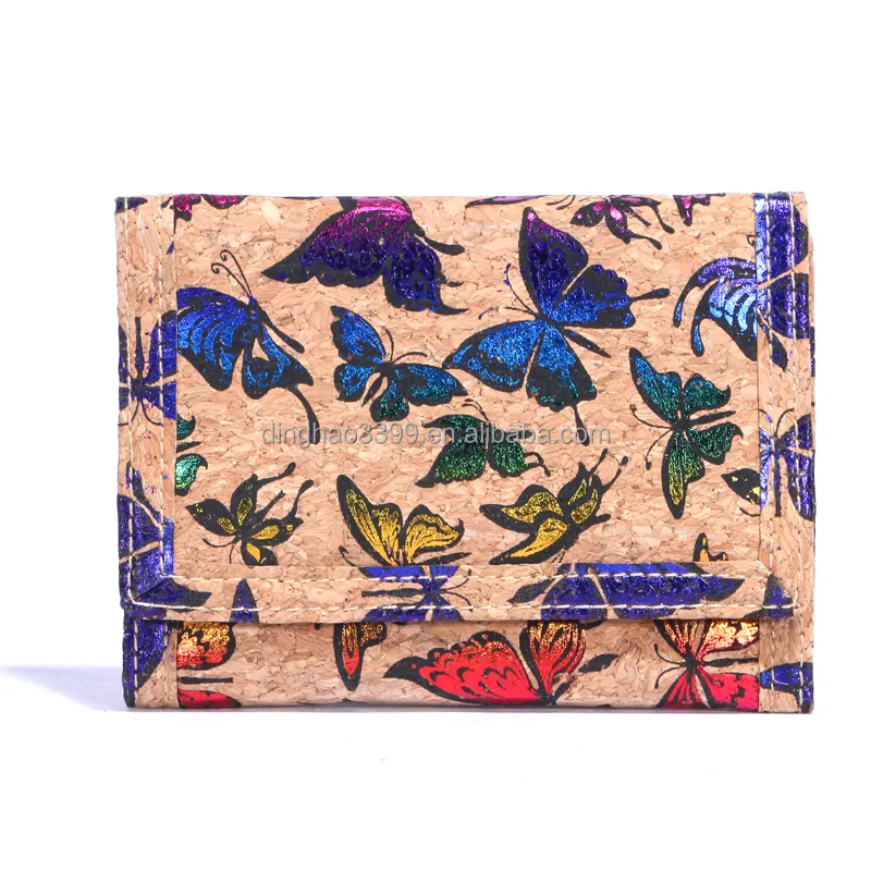 OEM customized printed lady trifold cork bag,girl beautiful cork paper wallet with butterfly,elegant cork card holder coin purse