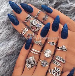 16Pcs/set Boho Vintage Silver Color Crown Feather Flower Fatima Palm Crystal Flower Finger Ring Set Fashionable Jewelry Ring