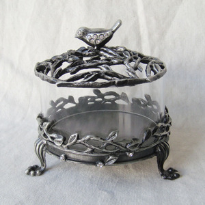 Antique Bronze Màu Xanh Lá Cây Jeweled Kim Loại Thủy Tinh Đính Hộp Với Chim Trên Nắp - Product Image 5