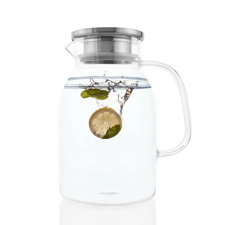 Mejor venta 1.8L exprimidor olla de vidrio resistente al calor jarra de vidrio con tapa de acero inoxidable limón jarra de agua fría con mango venta al por mayor