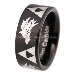 Legend Of Zelda Wolf & Triforce Black Pipe Tungsten Ring, Wholesale Tungsten Ring