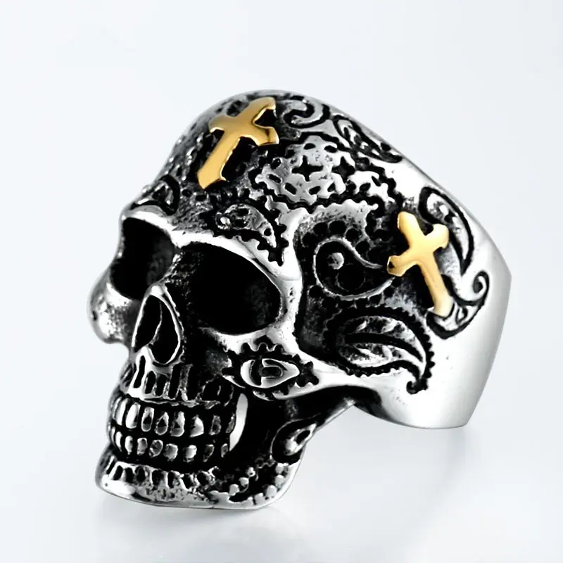 Punk a vapore di stile della testa del cranio anello con croce d'oro
