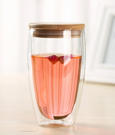 Double-Wall Insulated 15-Ounce Glass Mug For Tea Coffee Latte Dishwasher and Microwave Safe Borosilicate Glass