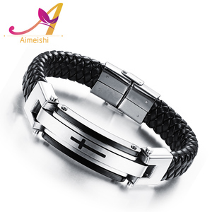 Popular hombres deportivos Cruz <span class=keywords><strong>del</strong></span> acero inoxidable <span class=keywords><strong>del</strong></span> diseño encanto trenzado pulsera hecha a mano de cuero genuino - Product Image 2
