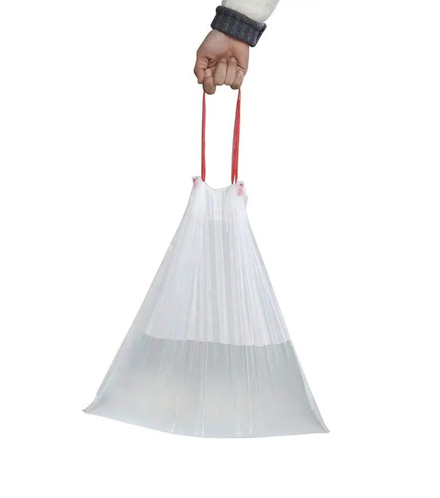 Biodegradable plastic flat poly drawstring dustbin trash sack garbage bag on roll
