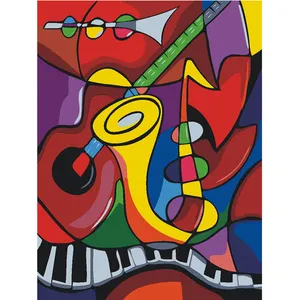 Großhandel musik box angepasst bild-Diy Musik Ölgemälde Abstrakte Gitarre Saxophon und Klavier malen nach Zahlen Foto Kunst Retro Poster Schmuck