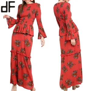 OEM 새로운 스타일 모델 블라우스 이슬람 여성 겸손한 이슬람 의류 긴 소매 꽃 Baju Kebaya 현대 Baju Kurung