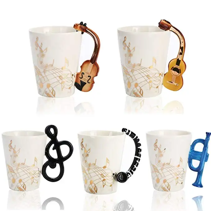 Taza de guitarra musical Diseño de nota pintada a mano en forma de taza de café con mango de instrumento violín divertido clarinete tambor piano