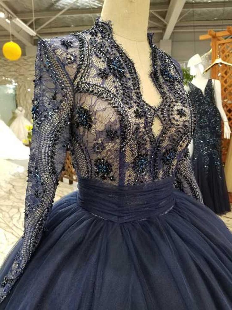 01452 Navy Blue Lace Long Sleeves Wedding Dress Bride Zipper Back Wedding  Ball Grown Sweep/Brush Train| Alibaba.com