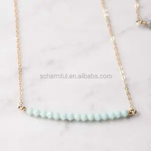 N00129 minimalist crystal bead bar boho necklace with gold plated chain