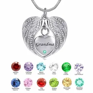 Cremation Jewelry Angel Wing birthstone Grandma Heart Pendant Memorial Urn Necklace