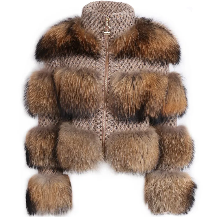 Winter Warm Women Natural Raccoon Fur Coat Stand Collar Long Sleeve Real Fur Coat For Ladies