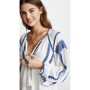 Brand Designed <strong>White</strong> Embroidery Blouse <strong>Dress</strong> <strong>for</strong> <strong>Women</strong> <strong>Plus</strong> <strong>Size</strong> A-Line Casual Lantern Sleeves Deep V-Neck Natural Waistline - Product Image 6