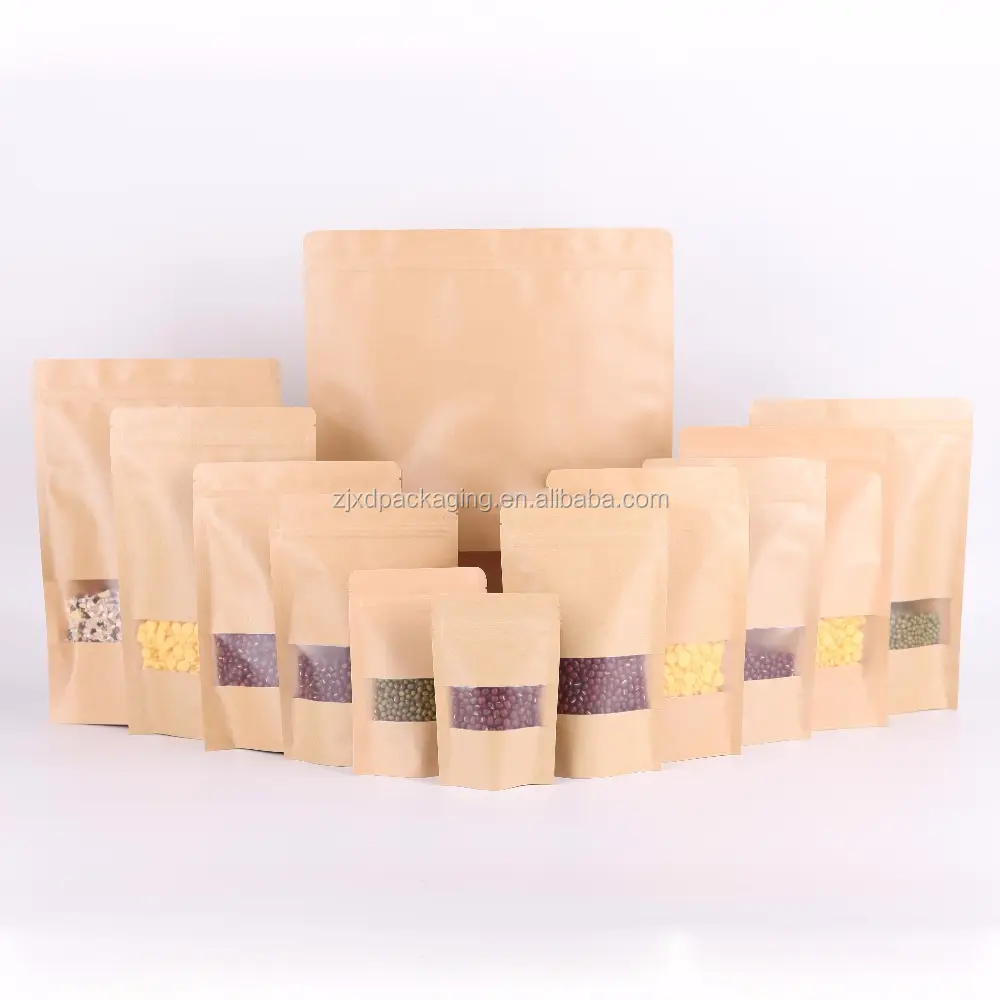 manufacturer wholesale Waterproof Food Packaging stand up Zipper brown kraft paper bag with window