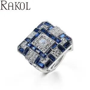 Rakol ZR2110 大白色蓝宝石蓝色方形锆石白金派对戒指