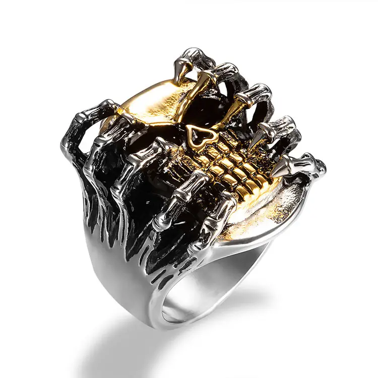प्रचार $1 स्टेनलेस स्टील खोपड़ी की अंगूठी Marlary निकासी 18K सोने चढ़ाना Mens उंगली खोपड़ी स्टेनलेस स्टील गोथिक अंगूठी